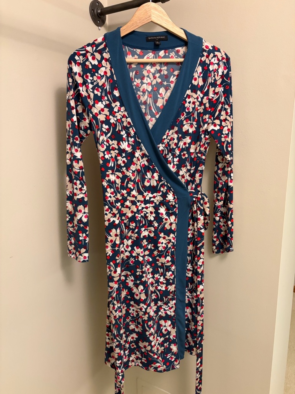 Banana Republic Navy Floral Wrap Dress with Red & White Accents